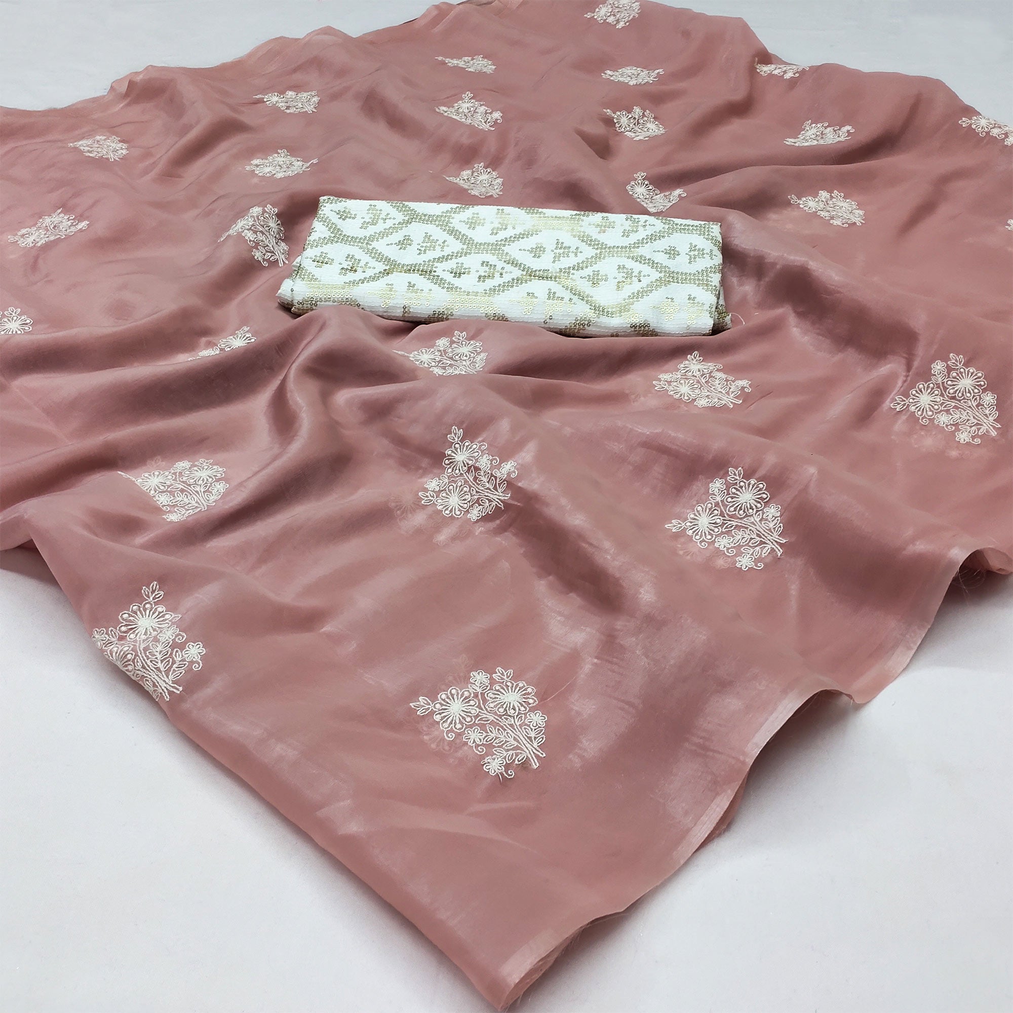 Dusty Pink Floral Embroidered Organza Saree