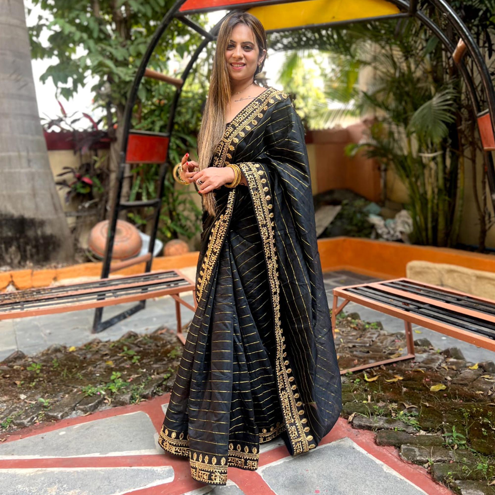 Black Striped With Embroidered Border Modal Saree