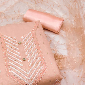 Peach Sequins Embroidered Chanderi Dress Material