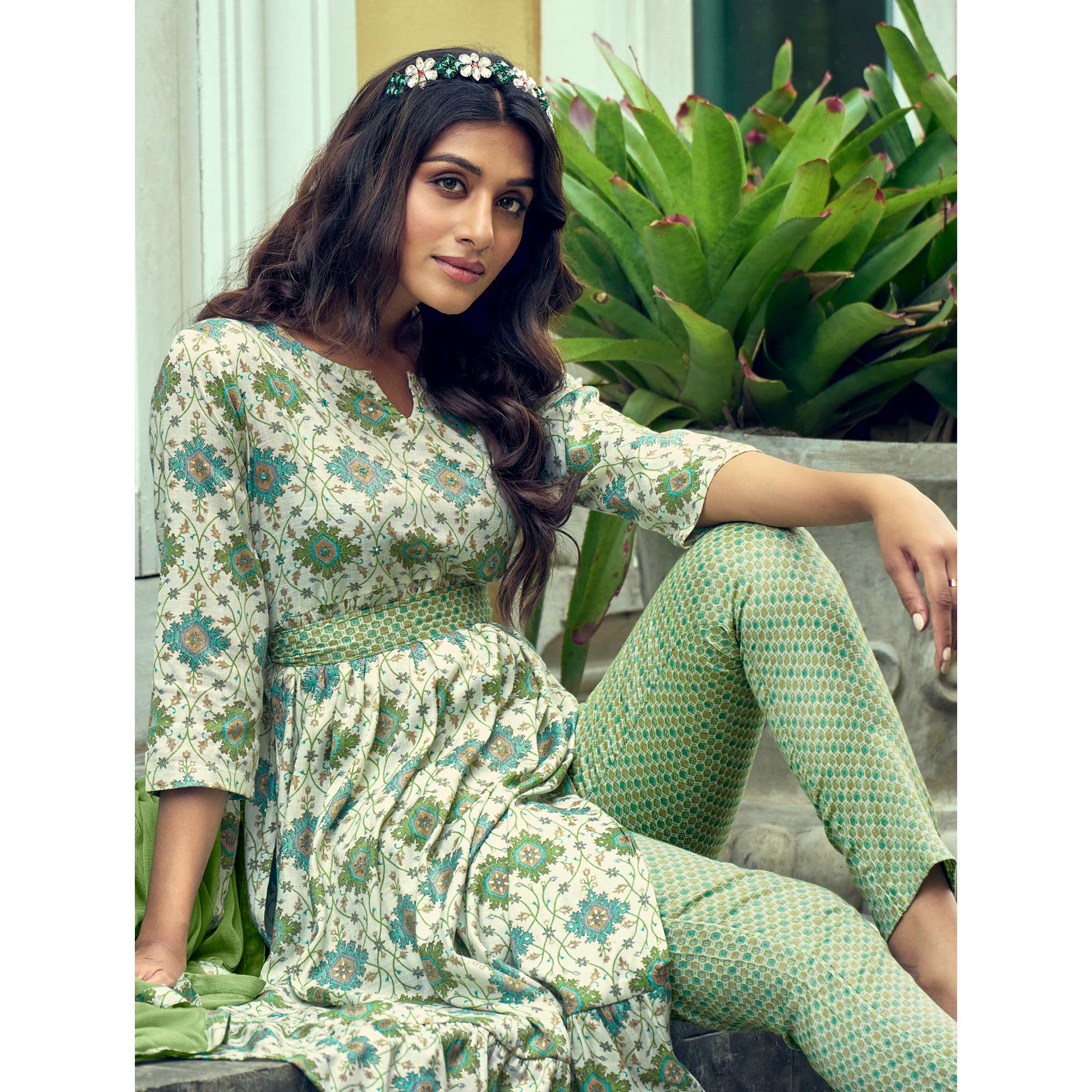 Green Printed With Mirror Work Rayon Naira Cut Suit