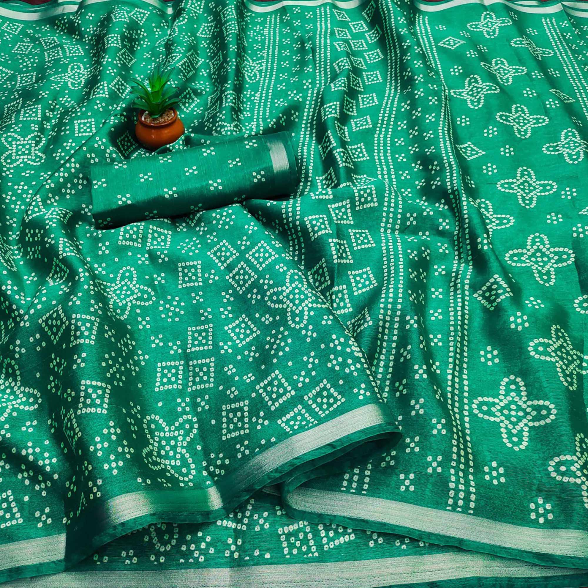 Green Bandhani Printed Art Silk Saree