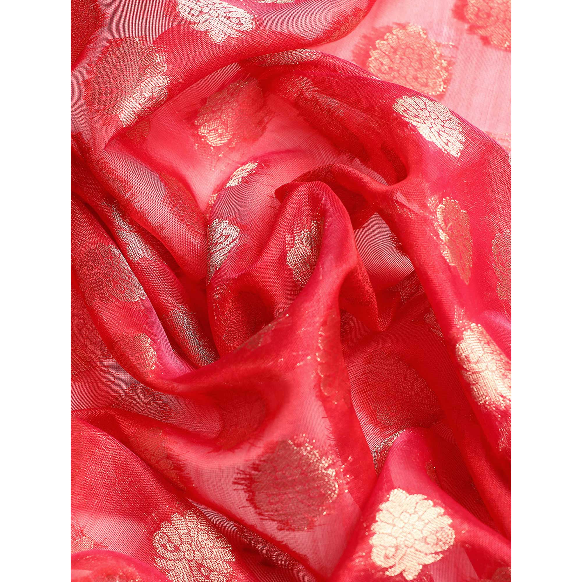 Red Woven Organza Silk Saree With Tassels