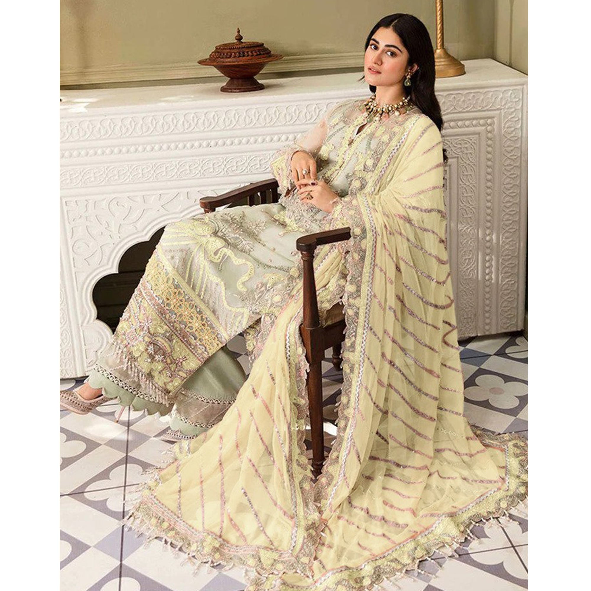 Pista Green And Yellow Heavy Embroidered Georgette Pakistani Suit