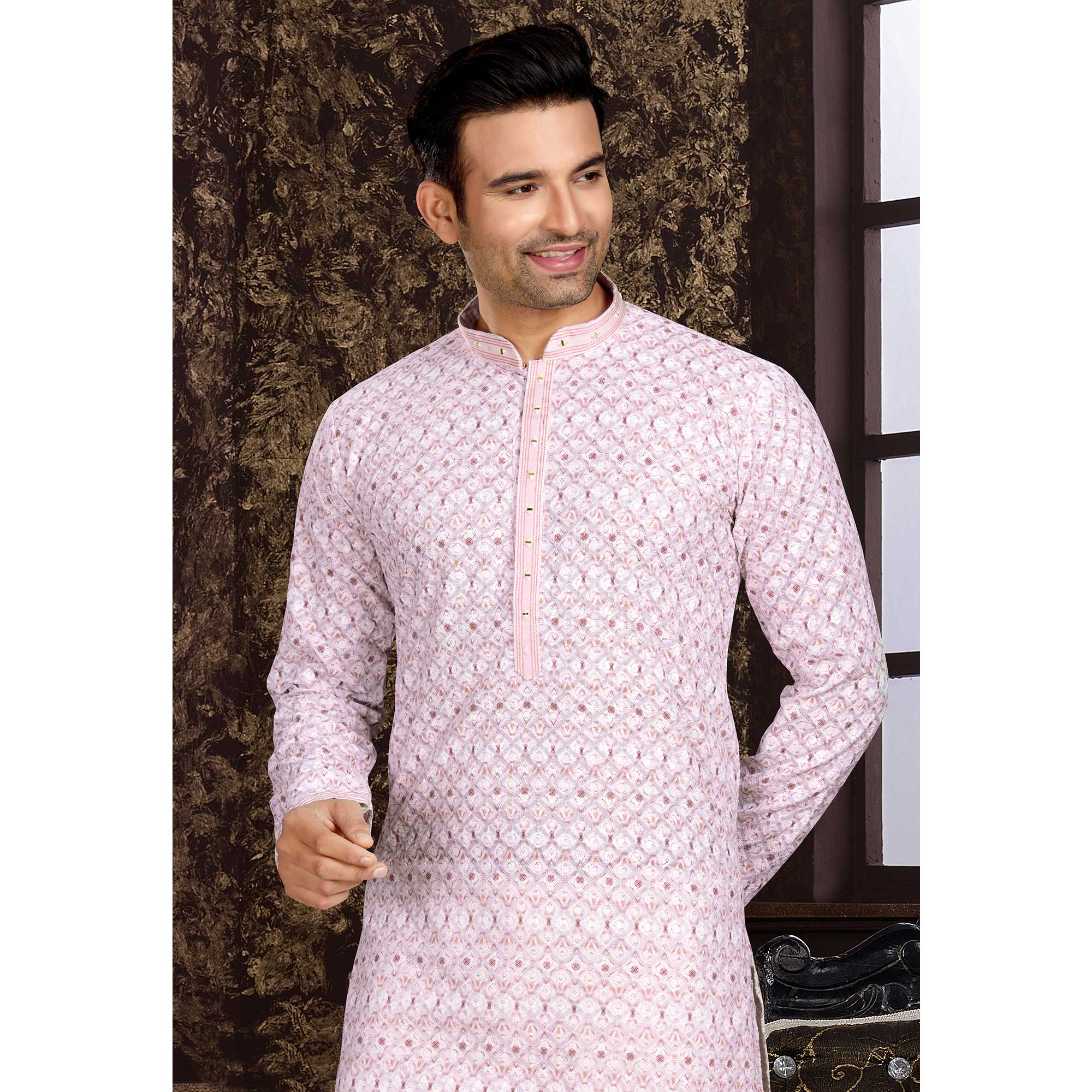 Pink Lucknowi And Digital Printed Cotton Kurta Pyjama Set