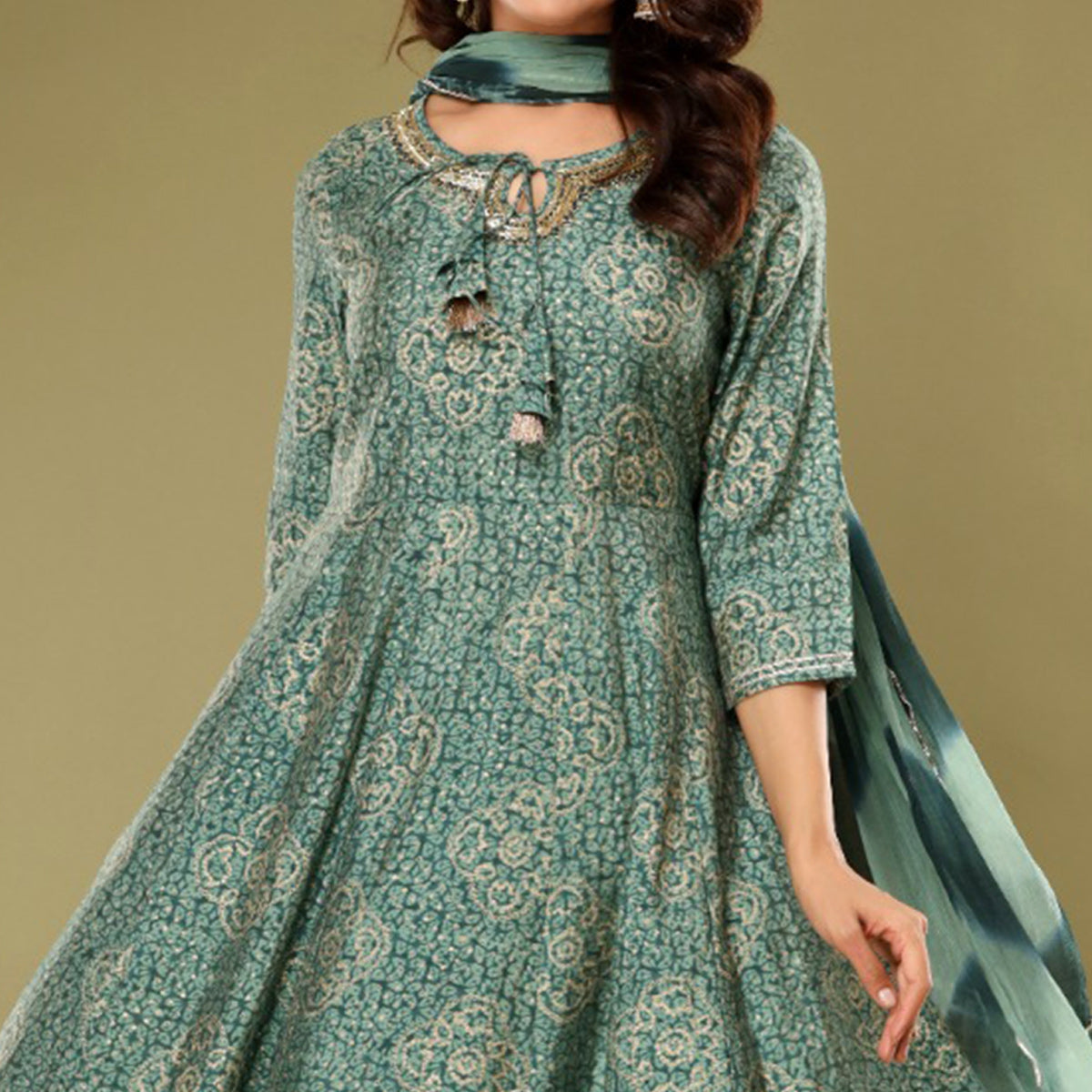 Green Printed With Gota Patti Work Muslin Anarkali Suit