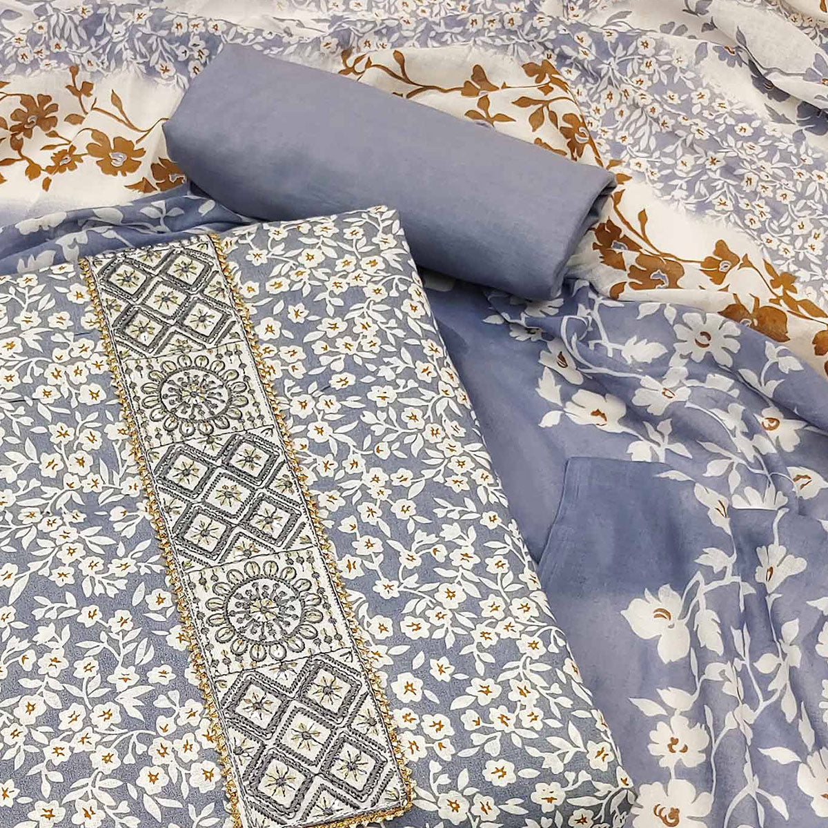 Grey Floral Printed Pure Cotton Dress Material