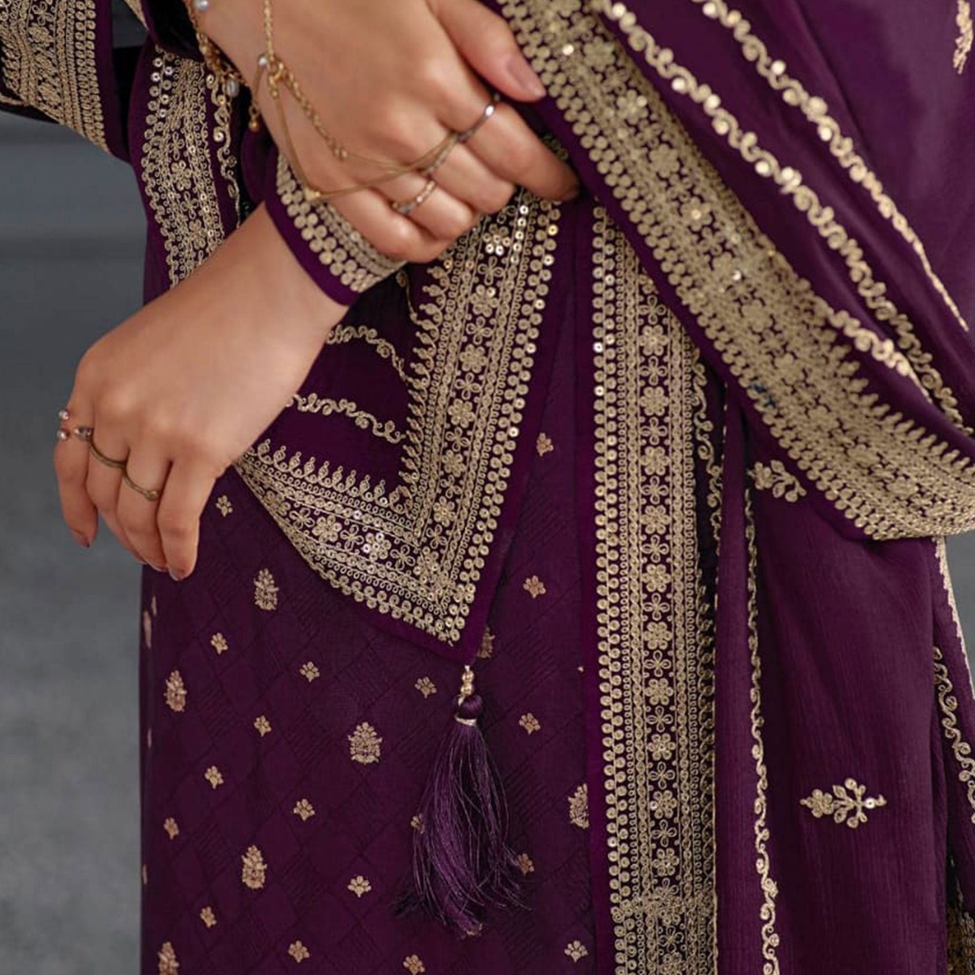 Purple Woven With Sequins Embroidered Dola Silk Palazzo Suit
