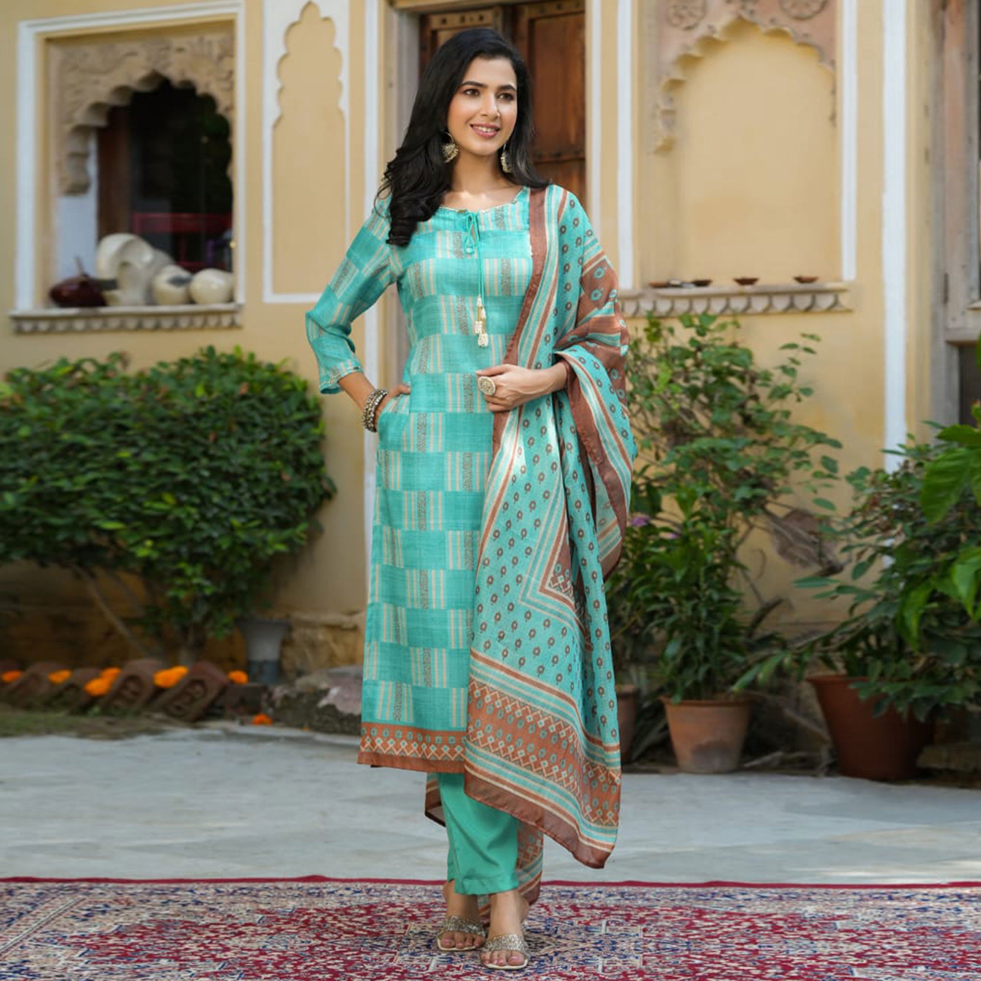 Turquoise Checked Printed Rayon Suit