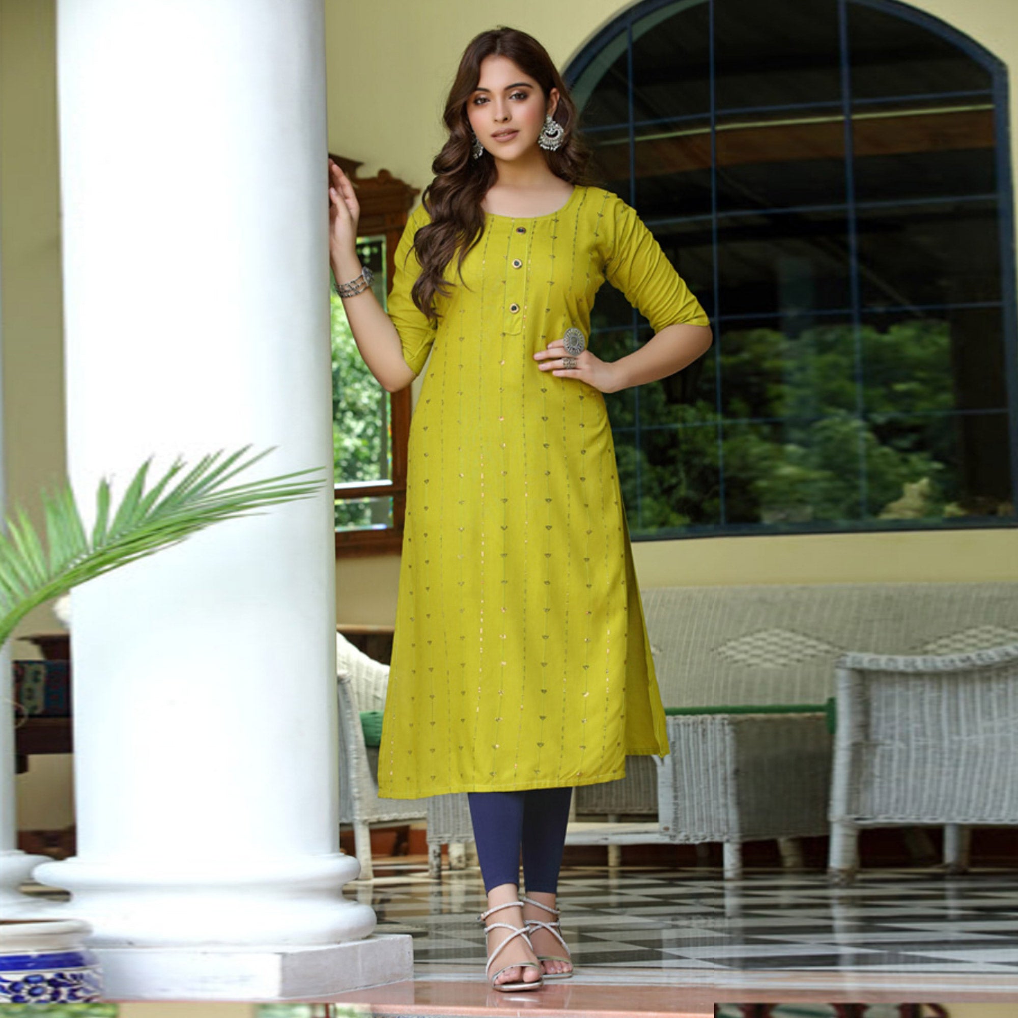 Lemon Green Embroidered Rayon Kurti