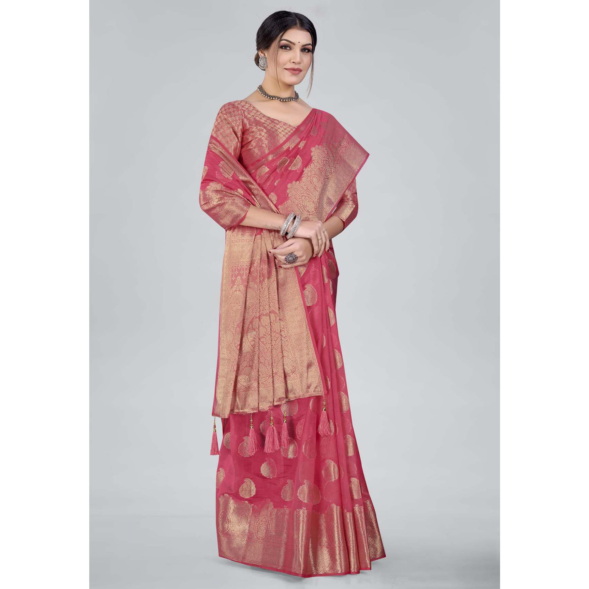 Pink Woven Organza Saree With Tassels