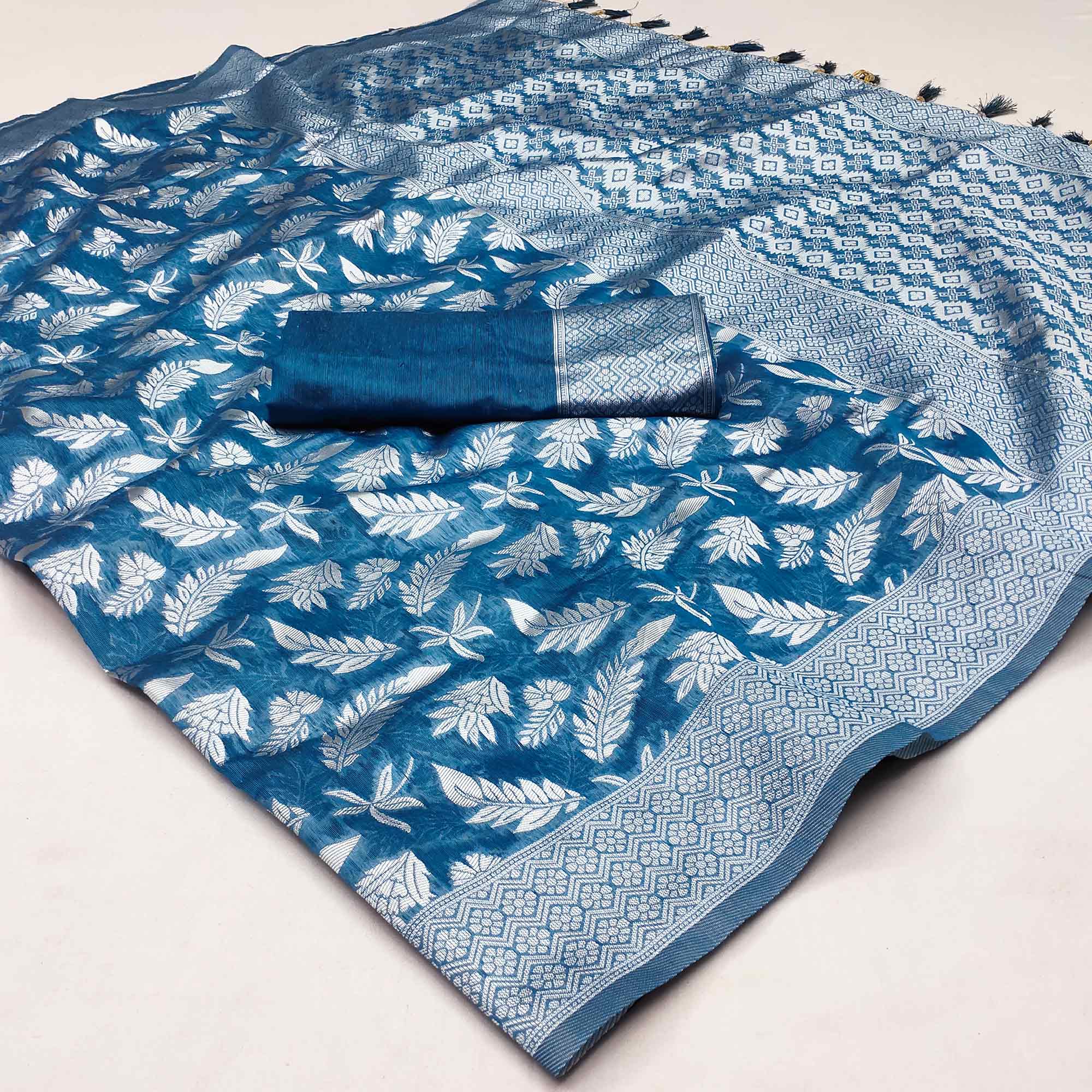 Blue Woven Cotton Silk Saree With Tassels