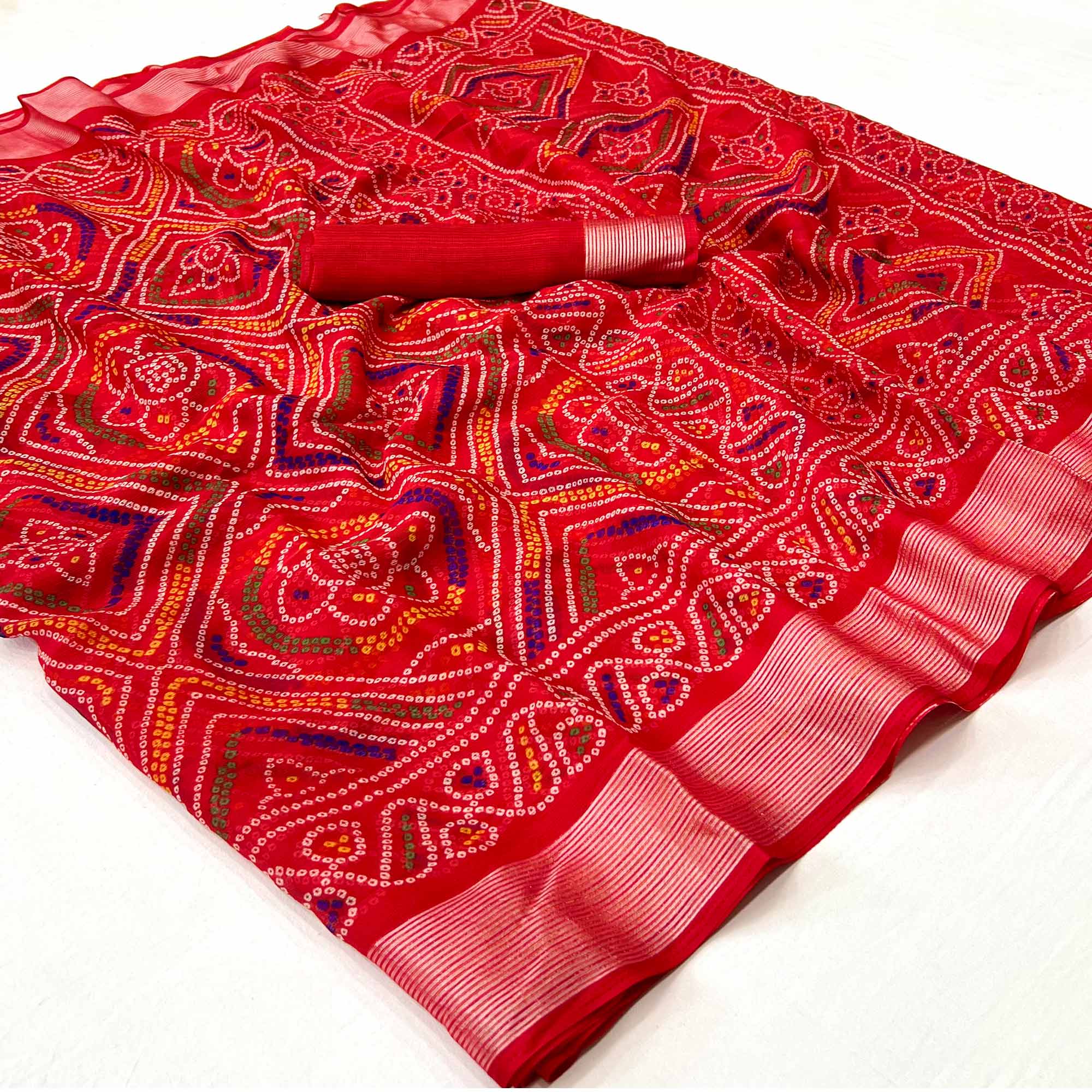 Red Bandhani Printed Chiffon Saree