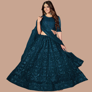 Teal Blue Sequins Embroidered Netted Lehenga Choli