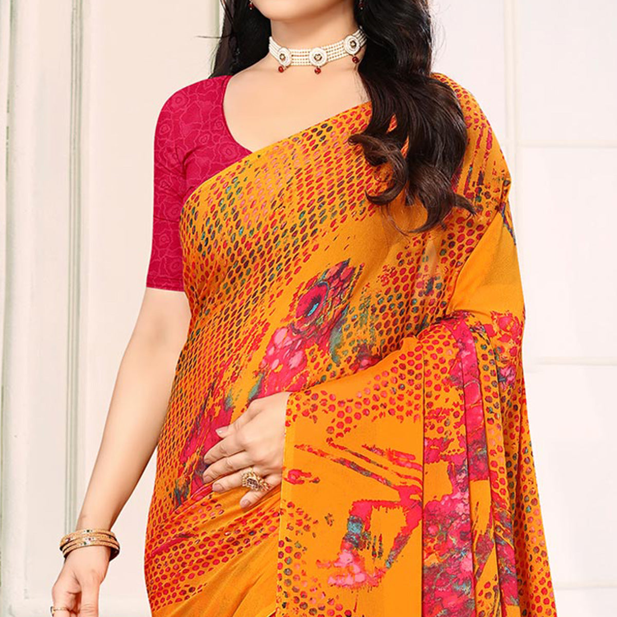 Mustard Printed Georgette Saree