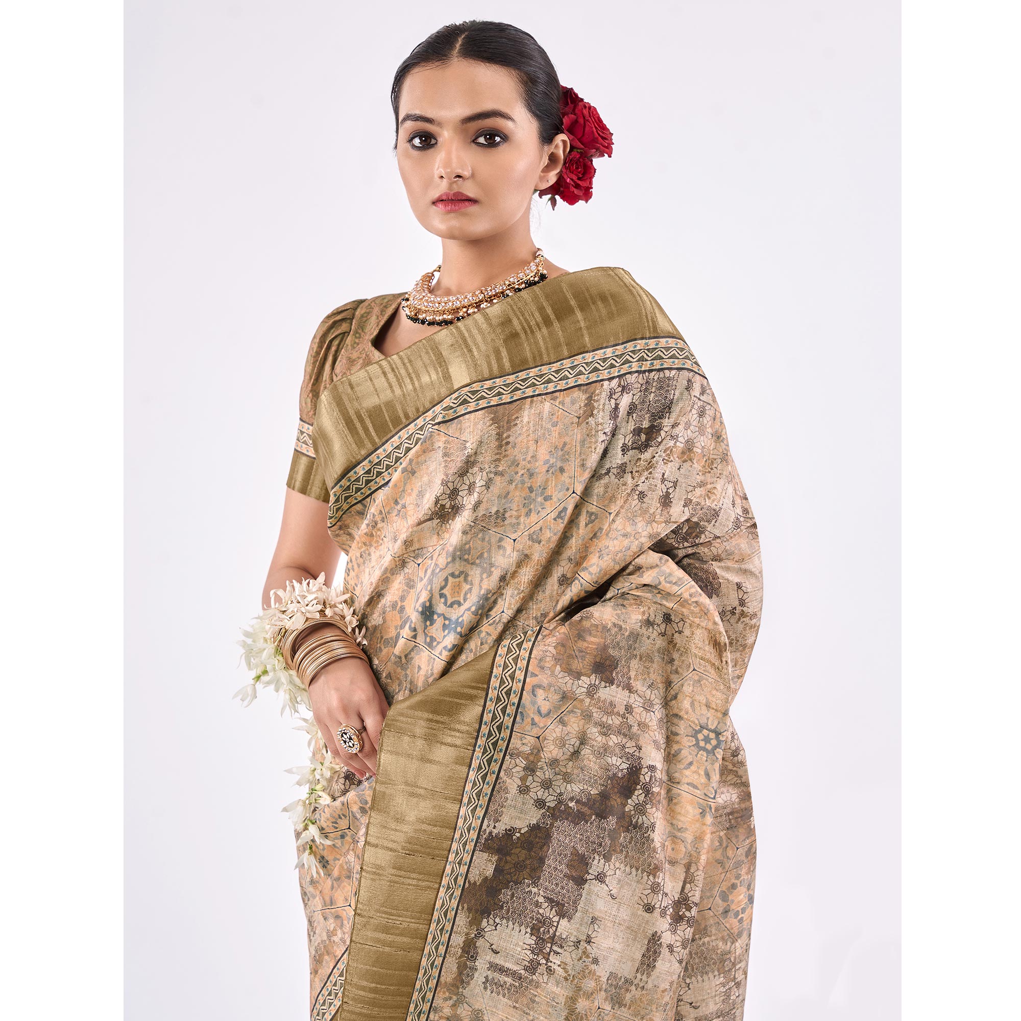 Beige Printed Art Silk Saree