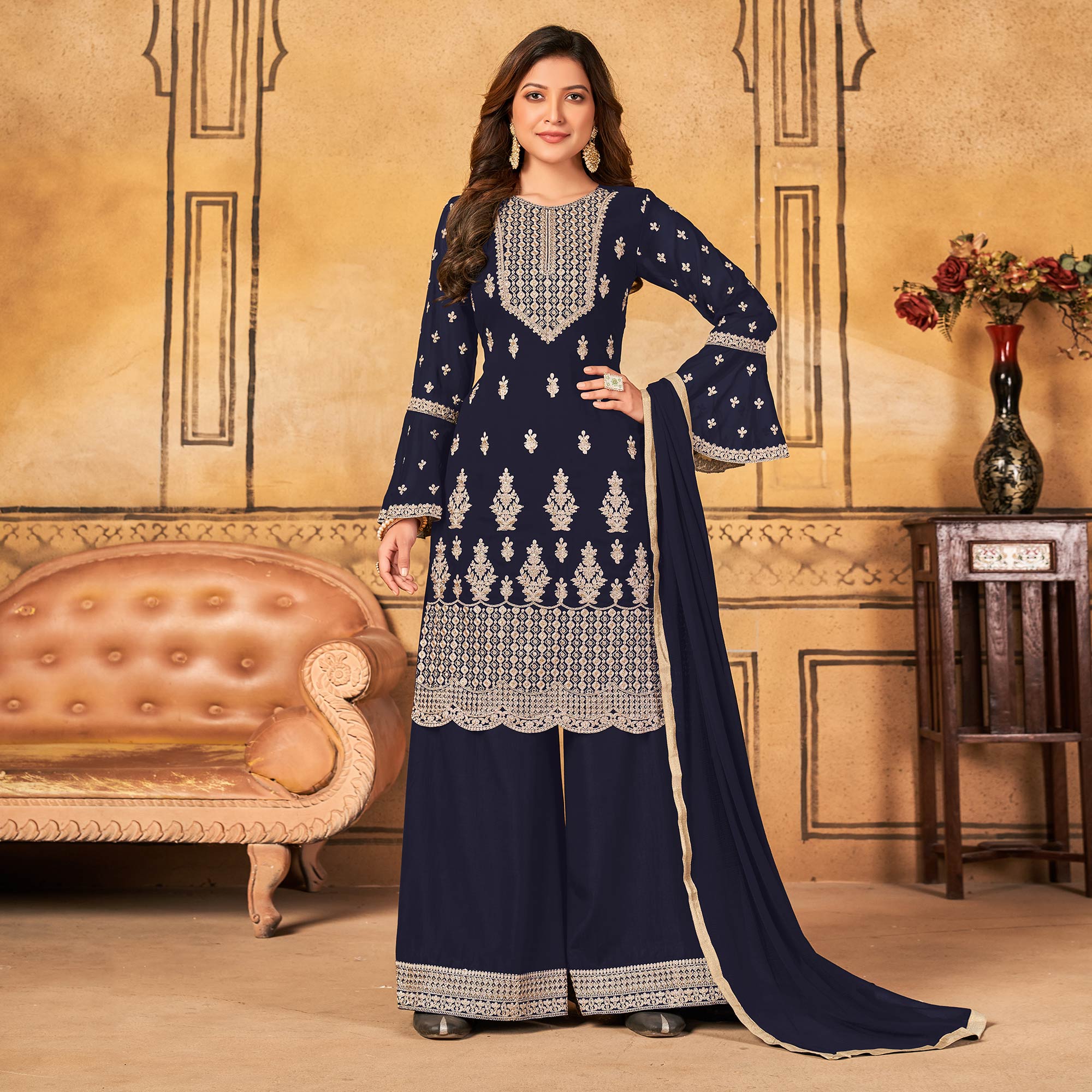 Navy Blue Floral Embroidered Georgette Palazzo Suit