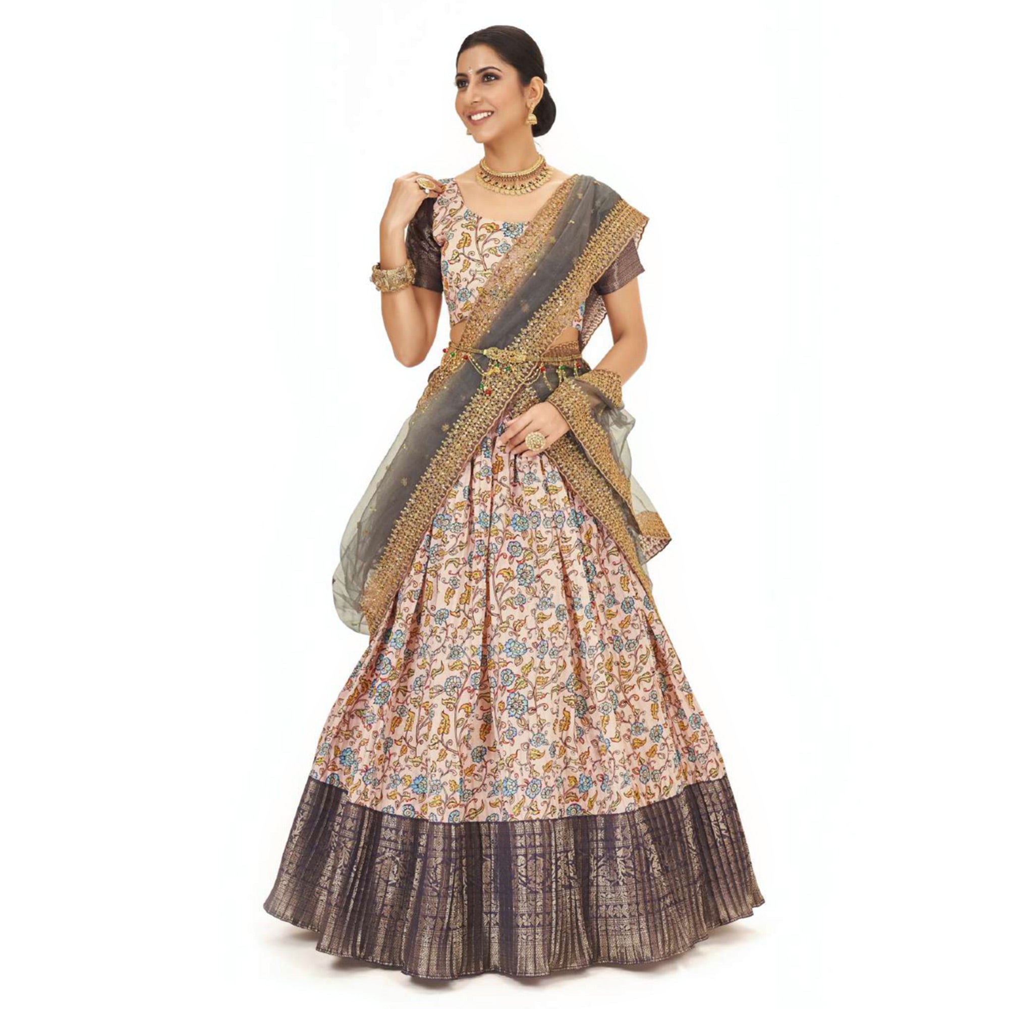 Light Peach Digital Printed With Zari Work Art Silk Lehenga Choli