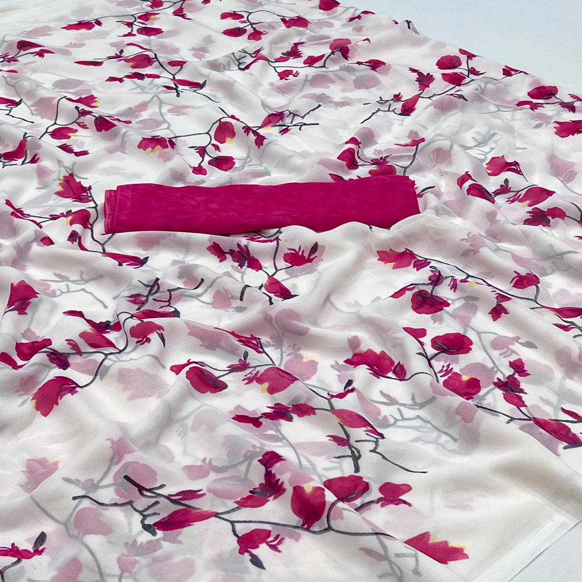 White Pink Floral Printed Georgette Saree