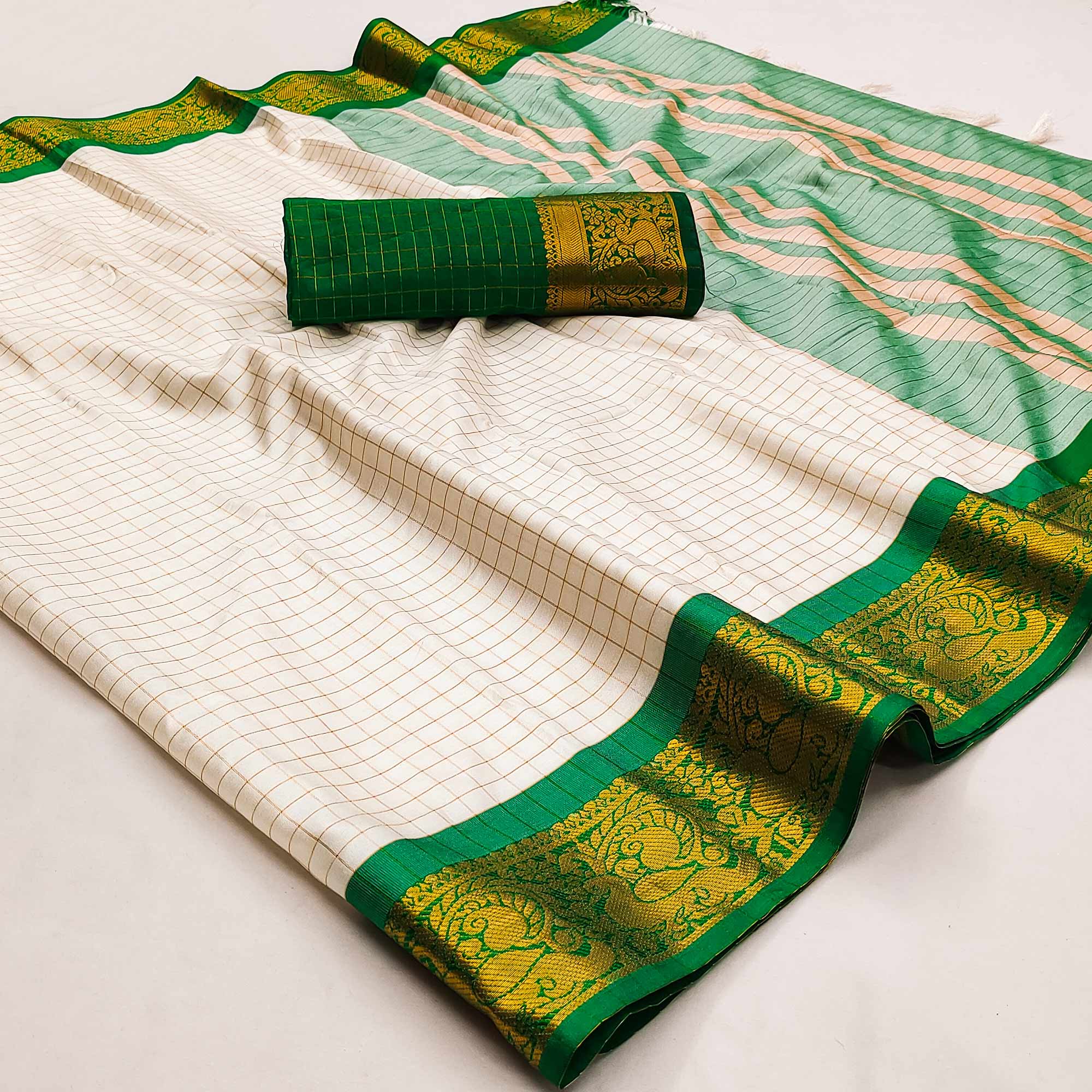 Cream And Green Woven Cotton Silk Saree With Tassels