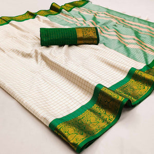 Cream And Green Woven Cotton Silk Saree With Tassels