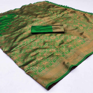 Green Woven Jacquard Saree With Tassels
