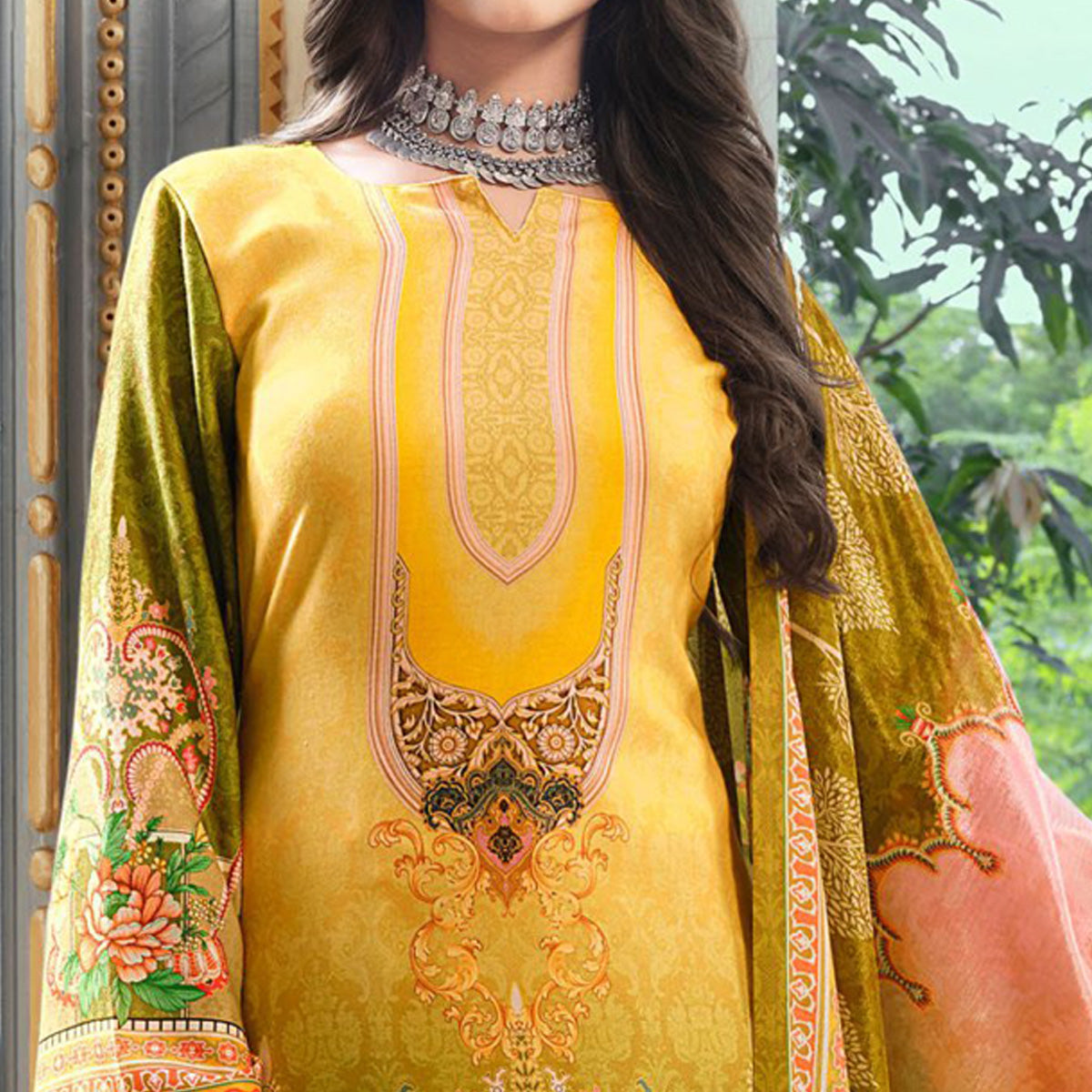 Yellow And Green Digital Printed With Daman Embroidered Pure Cotton Pakistani Suit