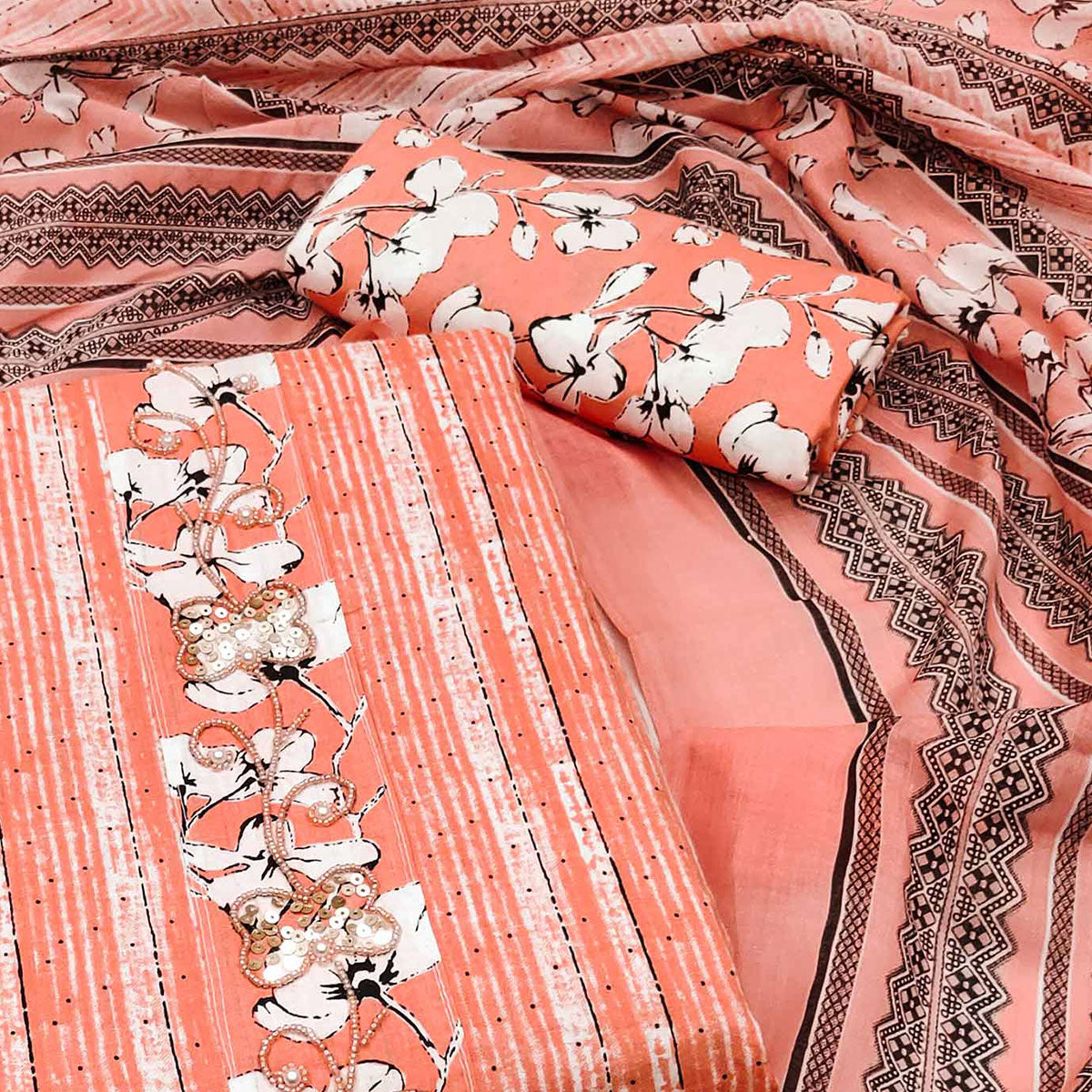 Peach Printed Cotton Dress Material