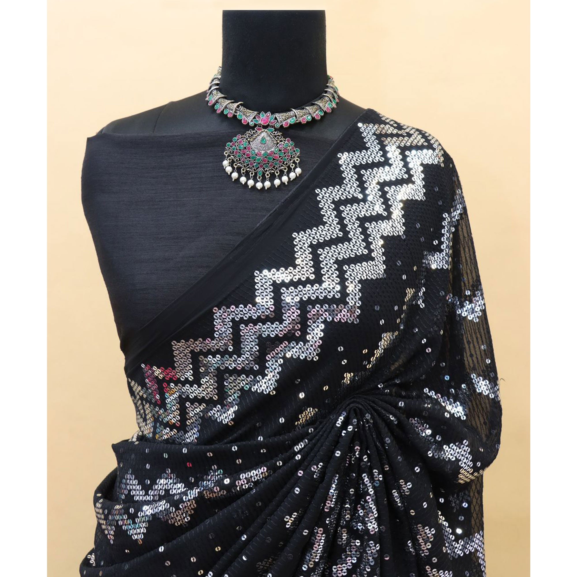Black Sequins Embroidered Georgette Saree