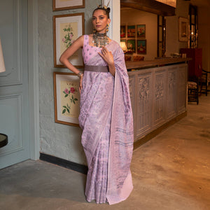 Pastle Pink Floral Woven Modal Saree With Tassels