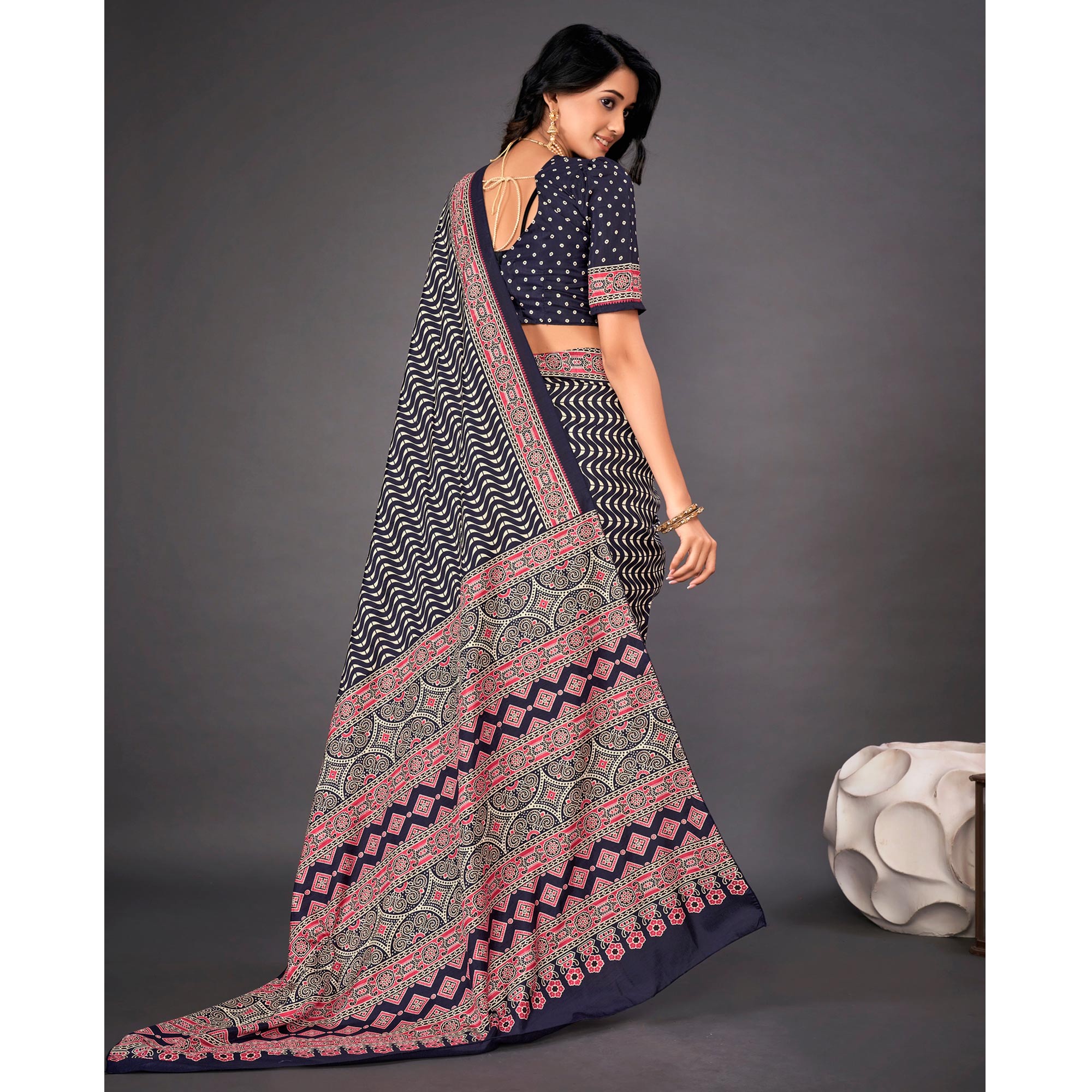 Navy Blue Printed Dola Silk Saree