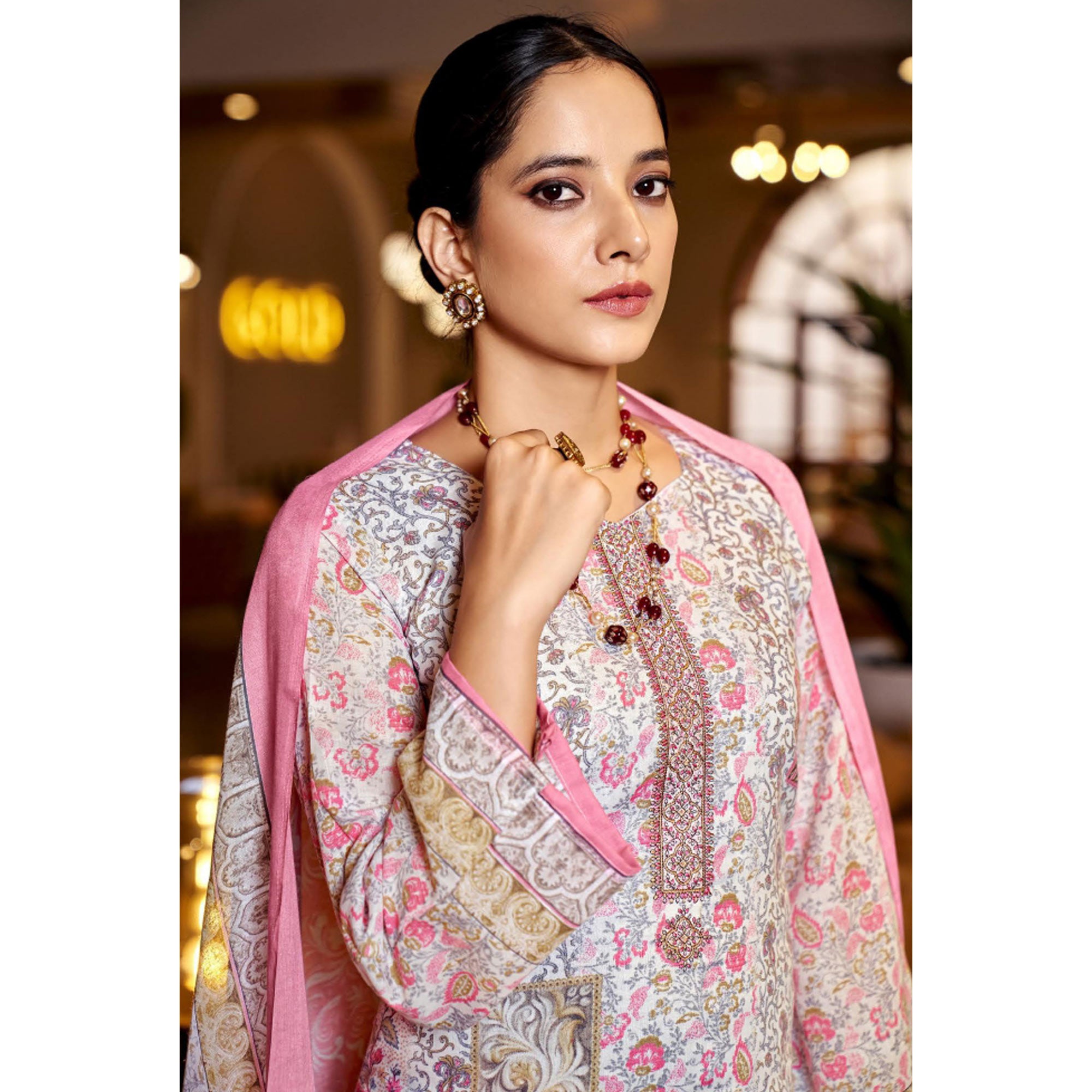 White & Pink Floral Print With Embroidered Pure Cotton Salwar Suit