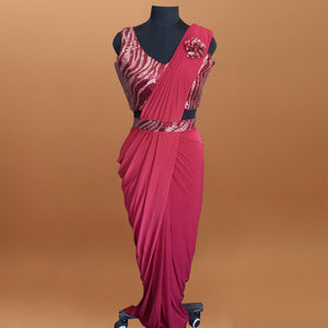 Pink Solid With Sequins Ready to Wear Lycra Saree