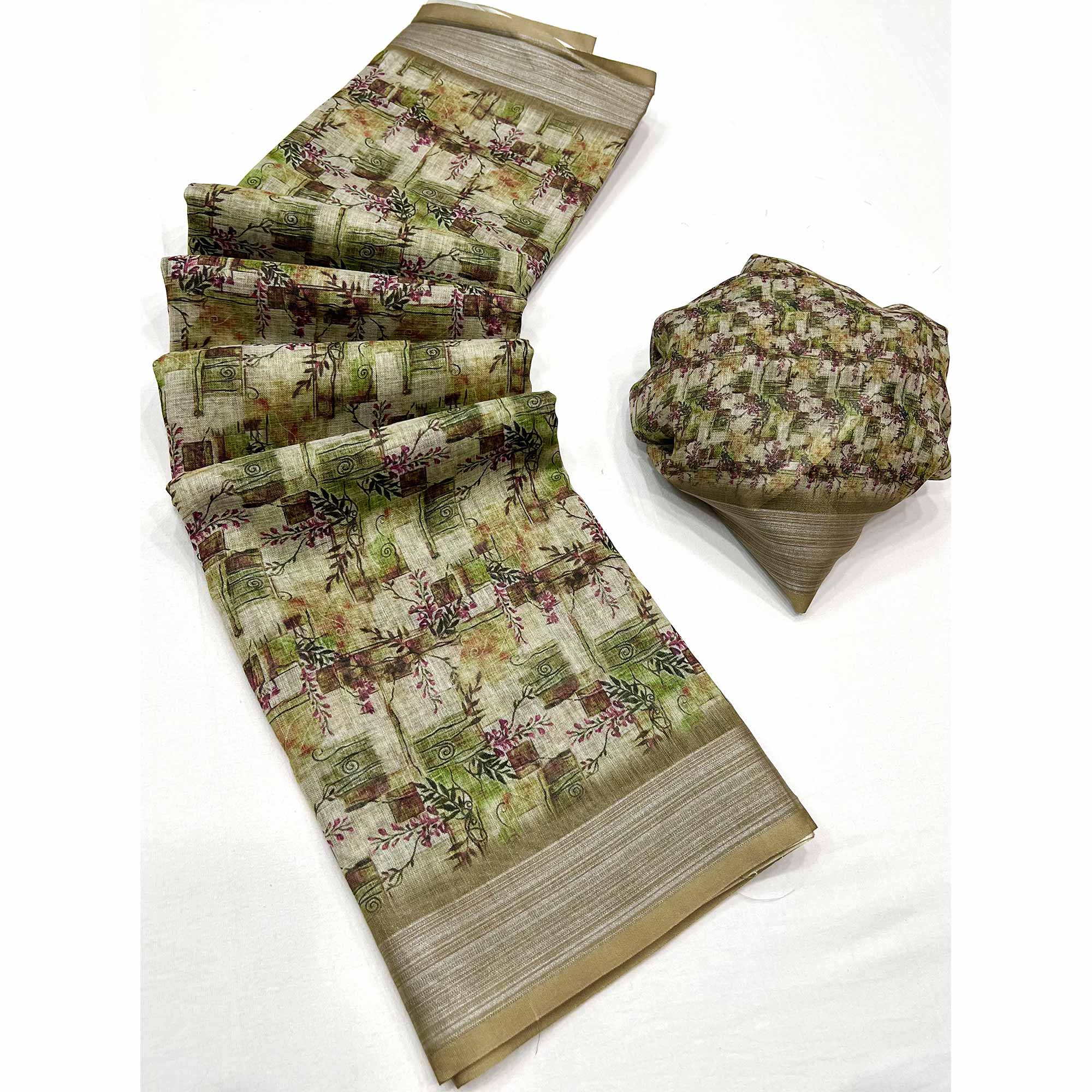 Green Digital Printed Linen Saree