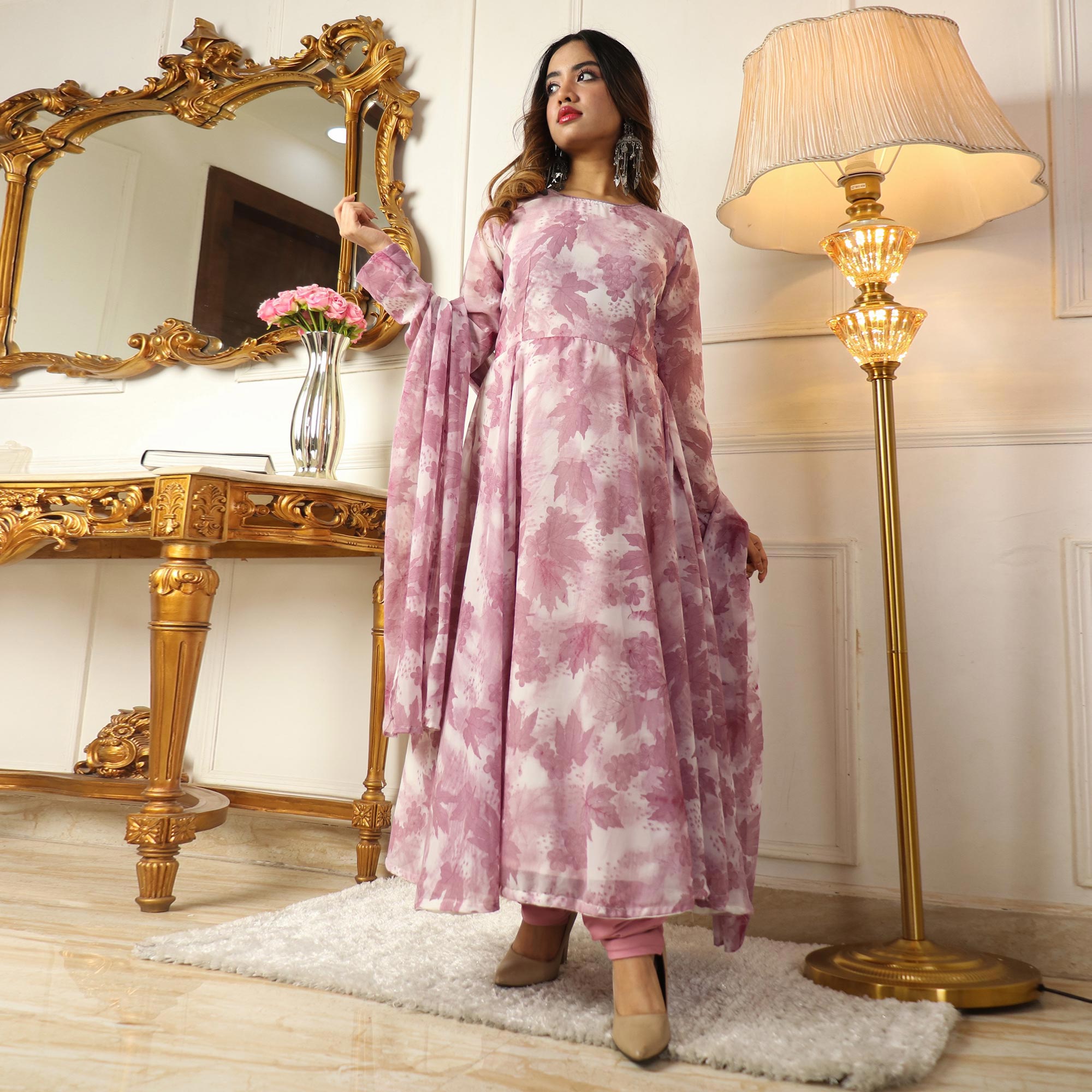 Purple Floral Printed Georgette Anarkali Suit
