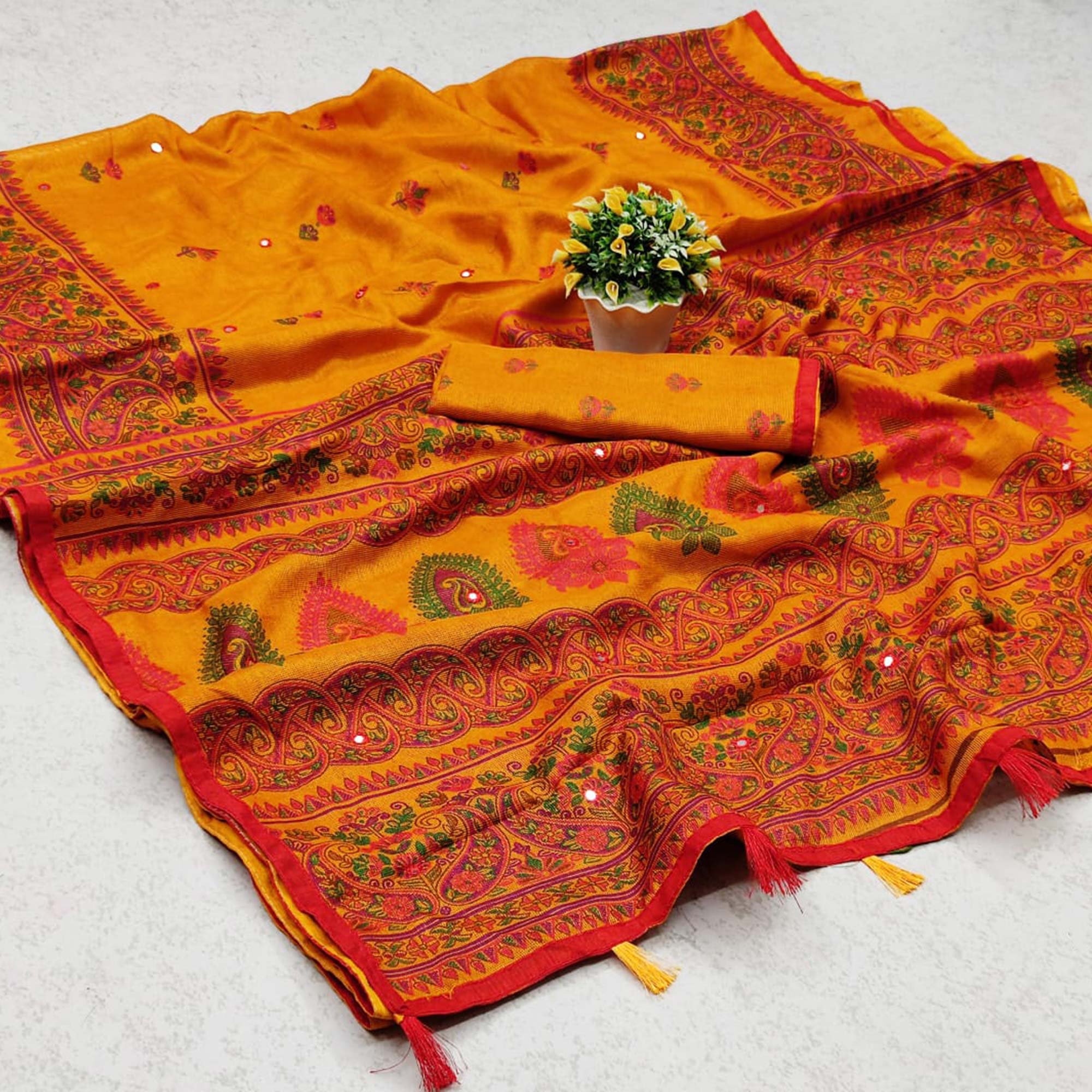 Mustard Printed Cotton Blend Saree With Tassels