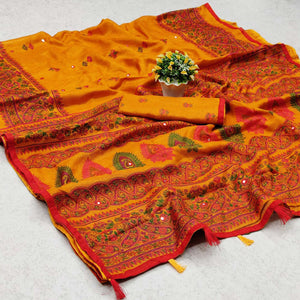 Mustard Printed Cotton Blend Saree With Tassels