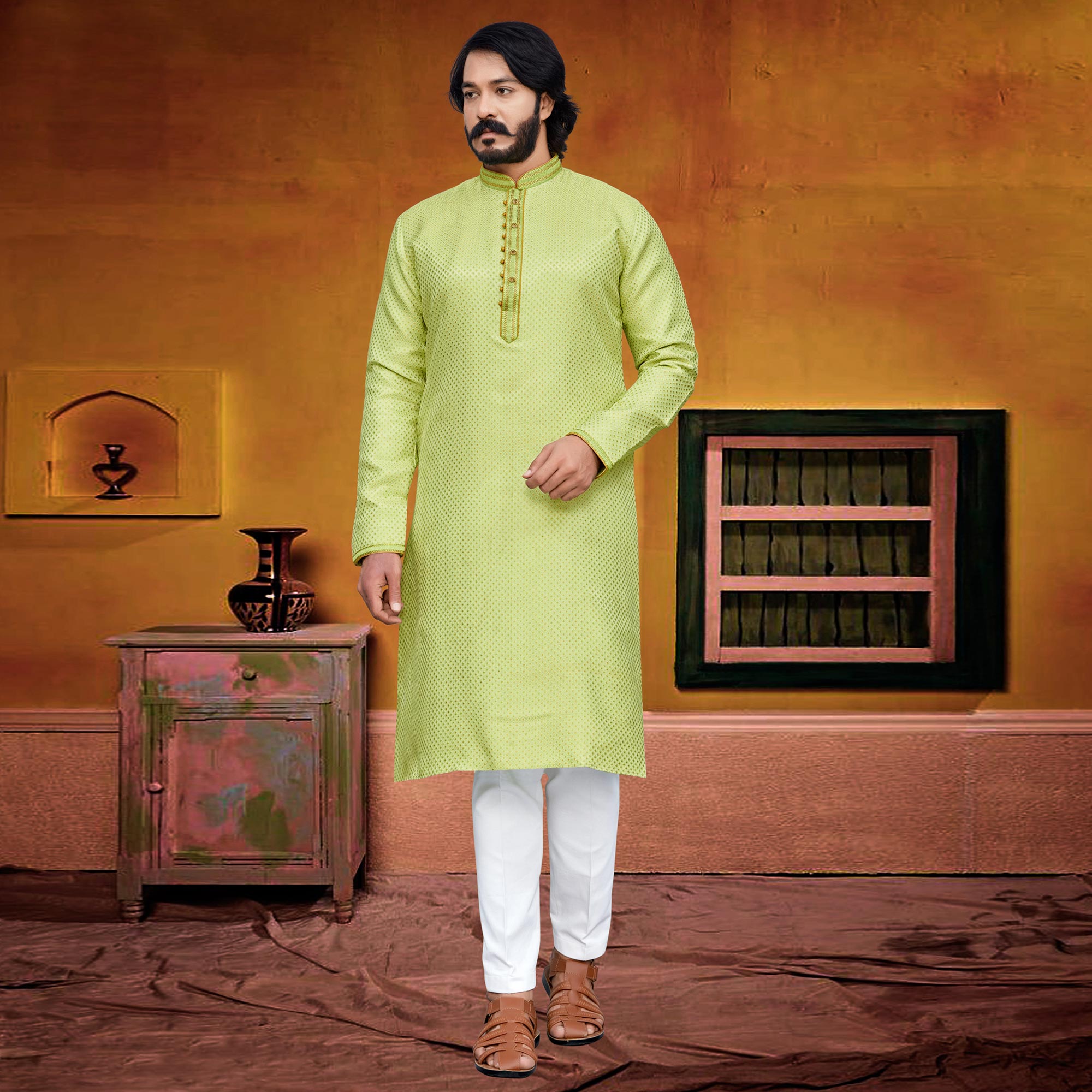 Pista Green Woven Jacquard Kurta Pyjama Set