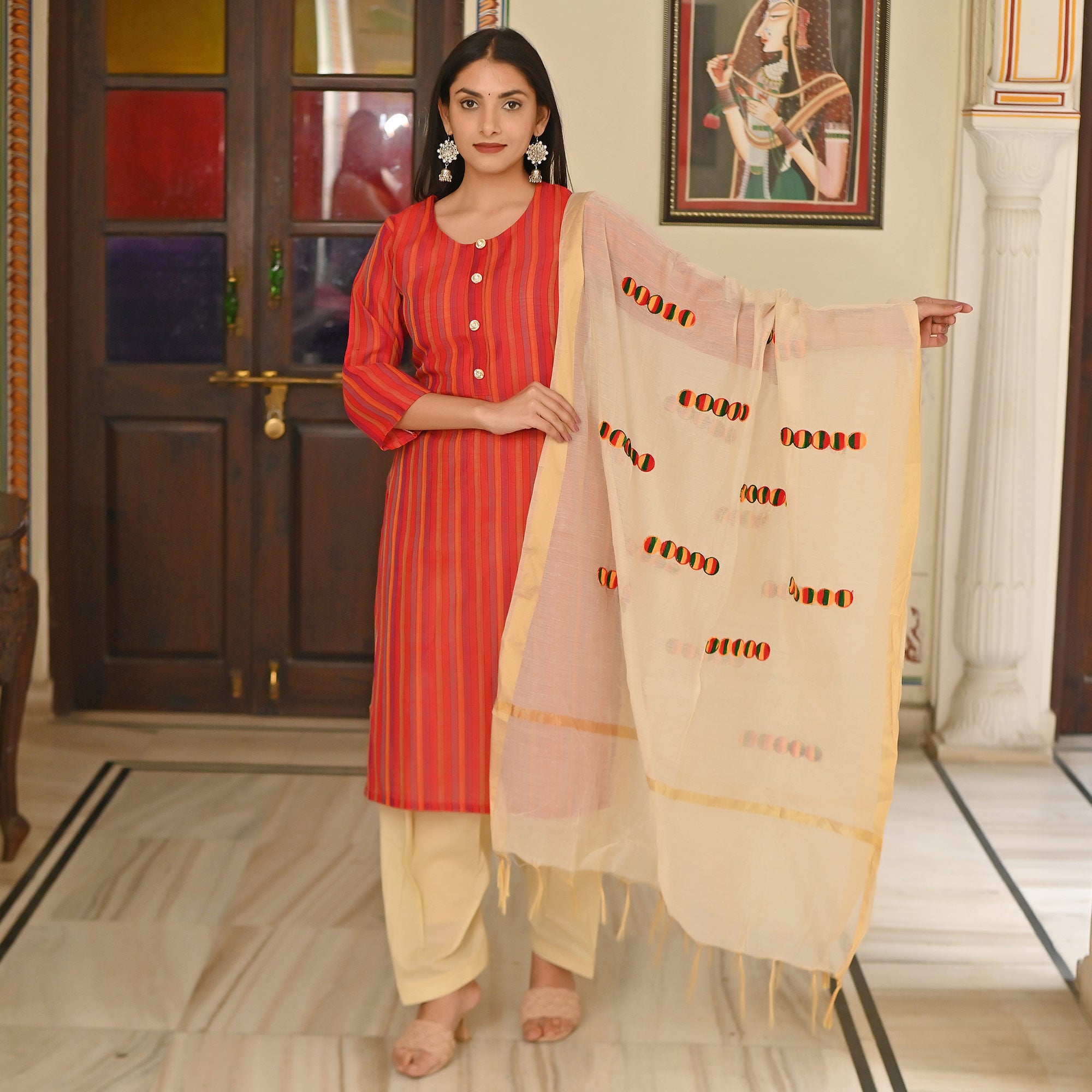 Red Stripes Printed Pure Cotton Salwar Suit