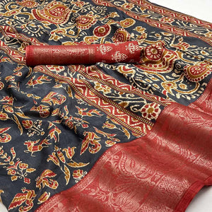 Black Blue Printed With Woven Border Dola Silk Saree