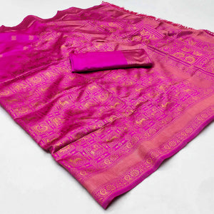 Magenta Pink Woven Jacquard Saree With Tassels