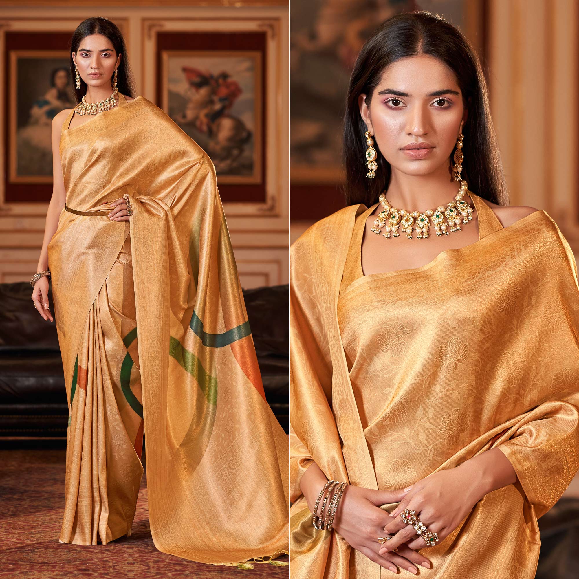 Golden Woven Jacquard Saree With Tassels