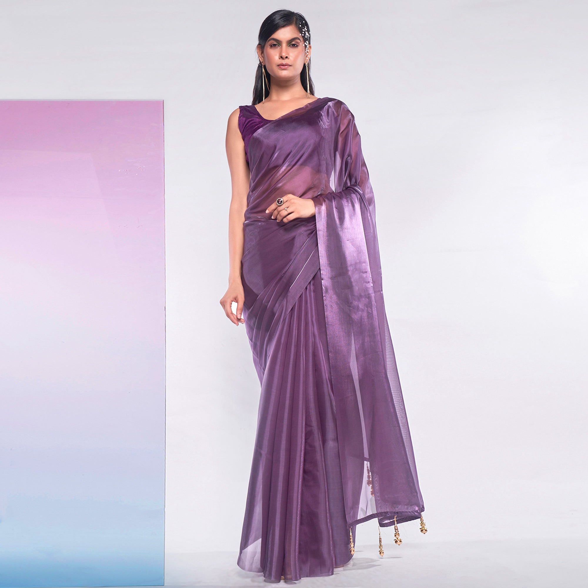 Vilote Solid Organza Saree With Tassels