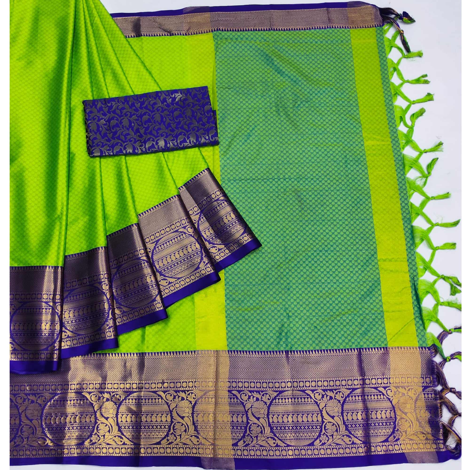 Parrot Green Woven Cotton Silk Saree With Tassels