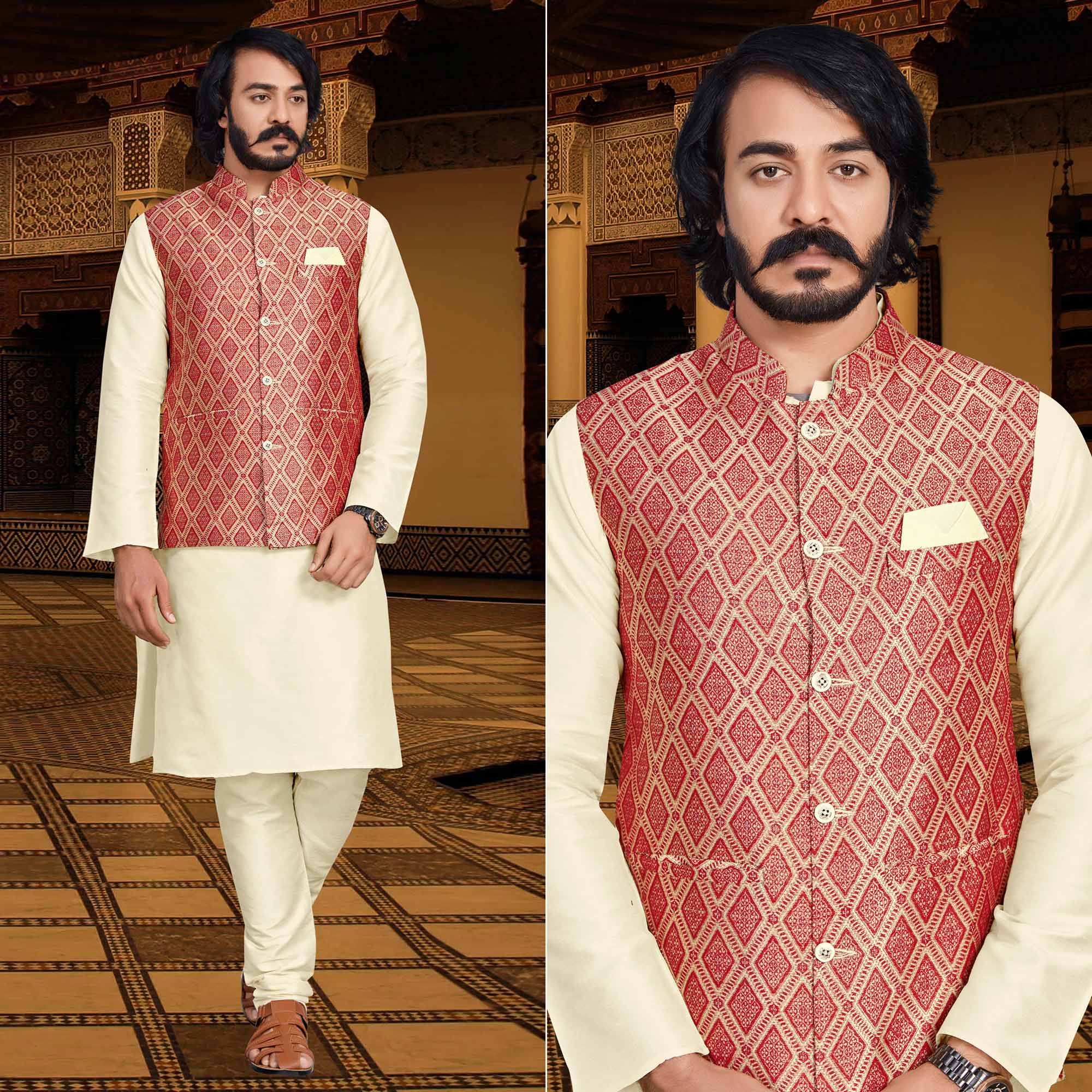 Cream Red Woven Art Silk Kurta Pyjama Set With Jacket