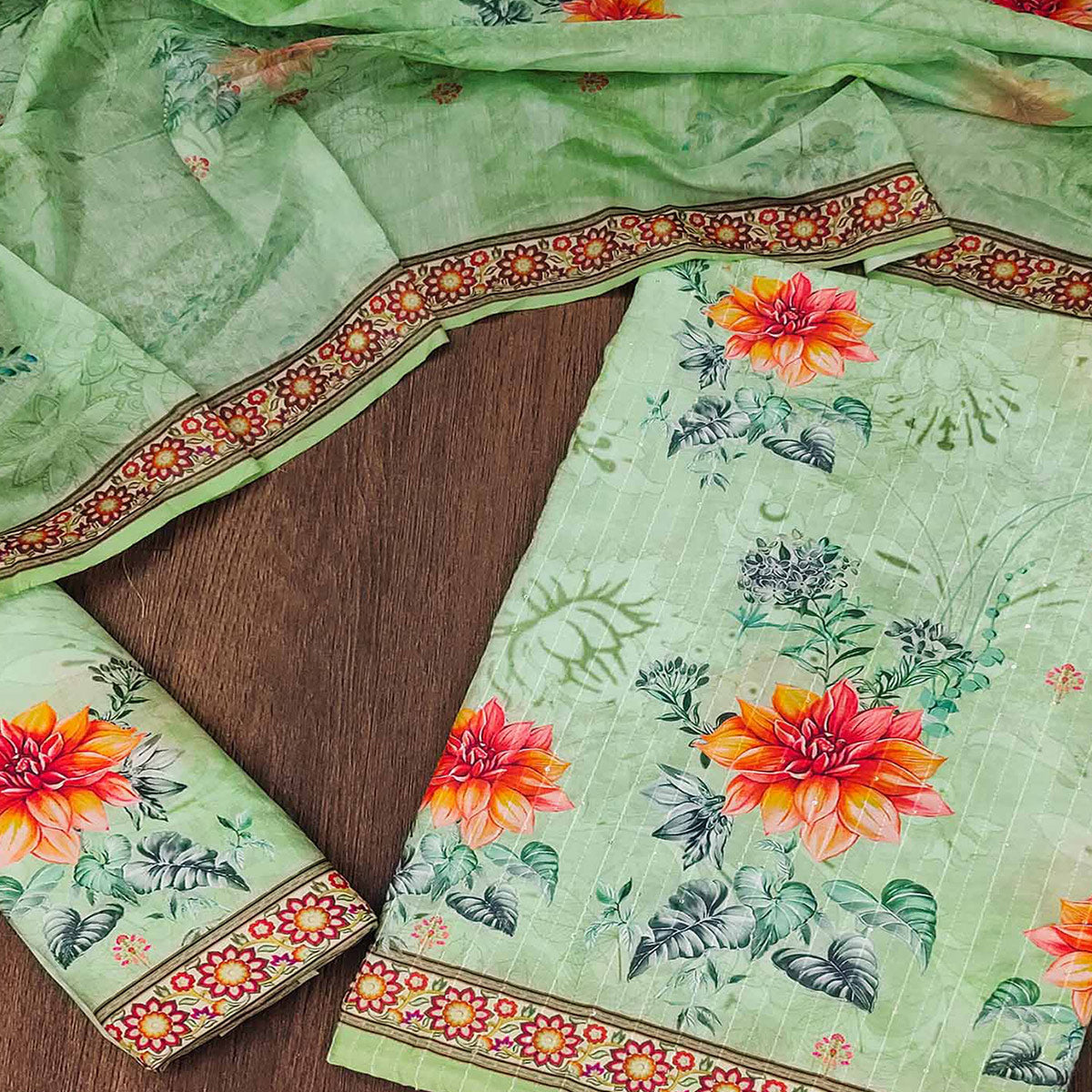 Green Floral Digital Printed Muslin Dress Material