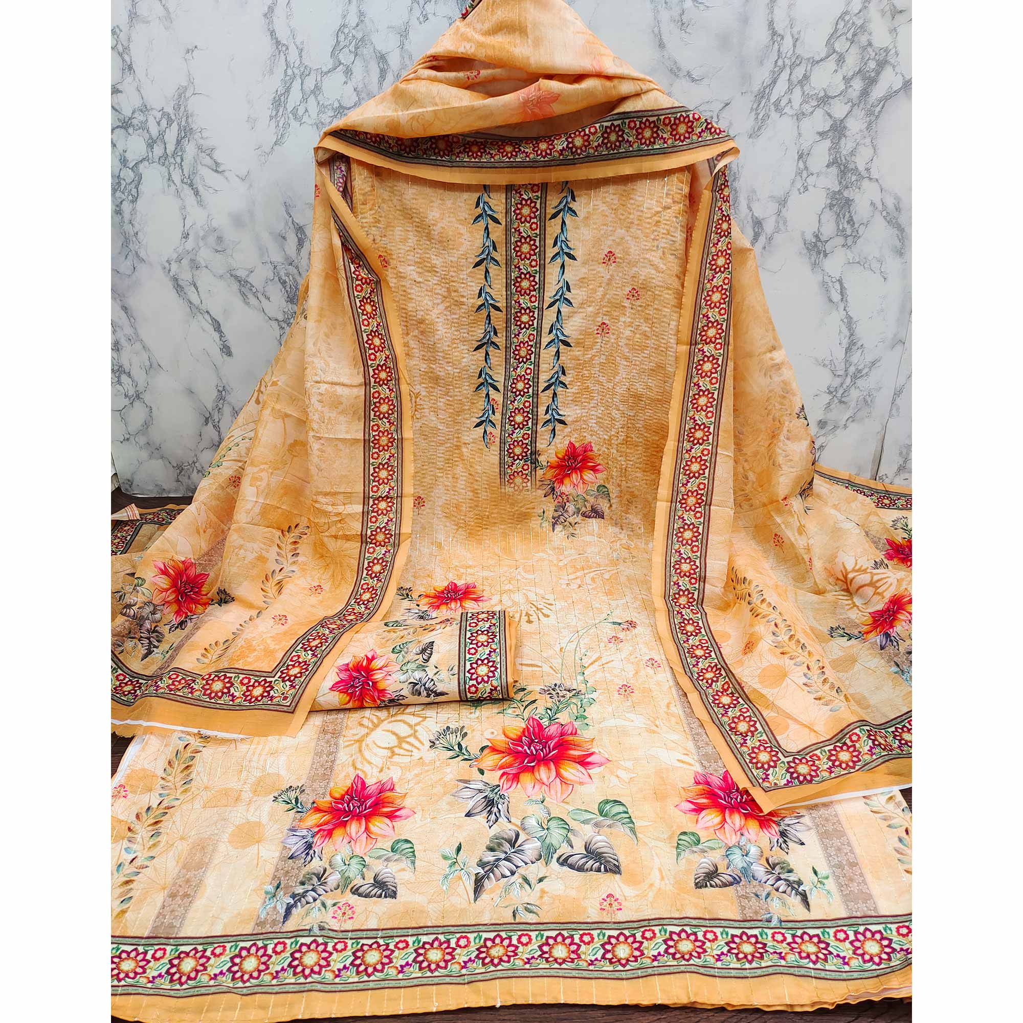 Yellow Floral Digital Printed Muslin Dress Material