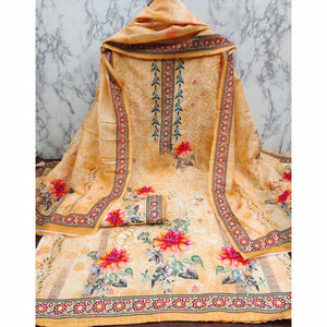 Yellow Floral Digital Printed Muslin Dress Material