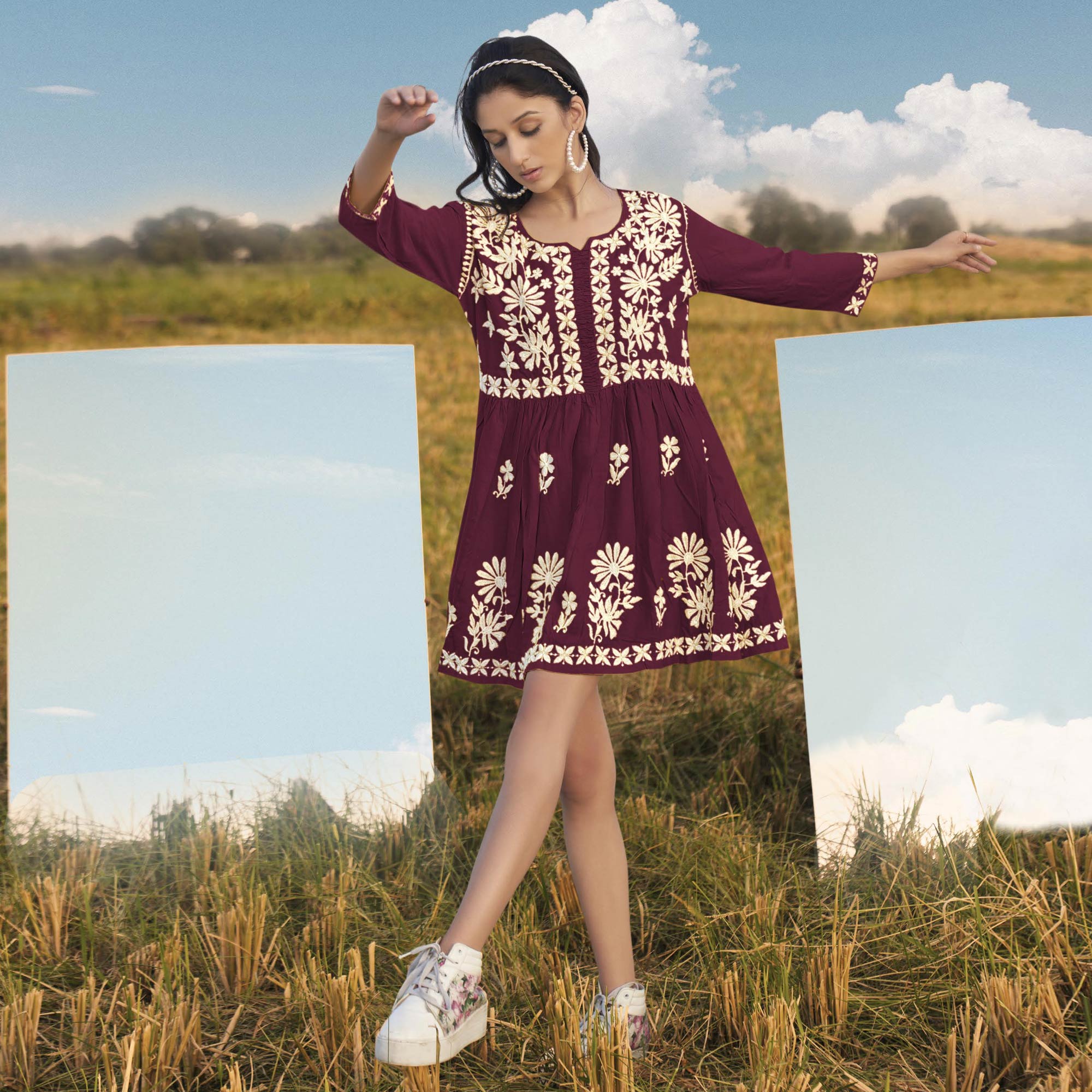 Wine Lucknowi Embroidered Rayon Tunic