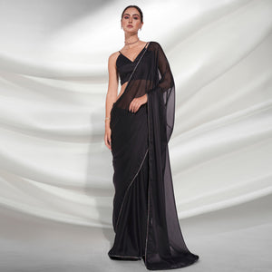 Black Solid Georgette Saree With Fancy Border