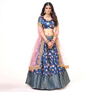 Blue Digital Printed With Zari Work Art Silk Lehenga Choli